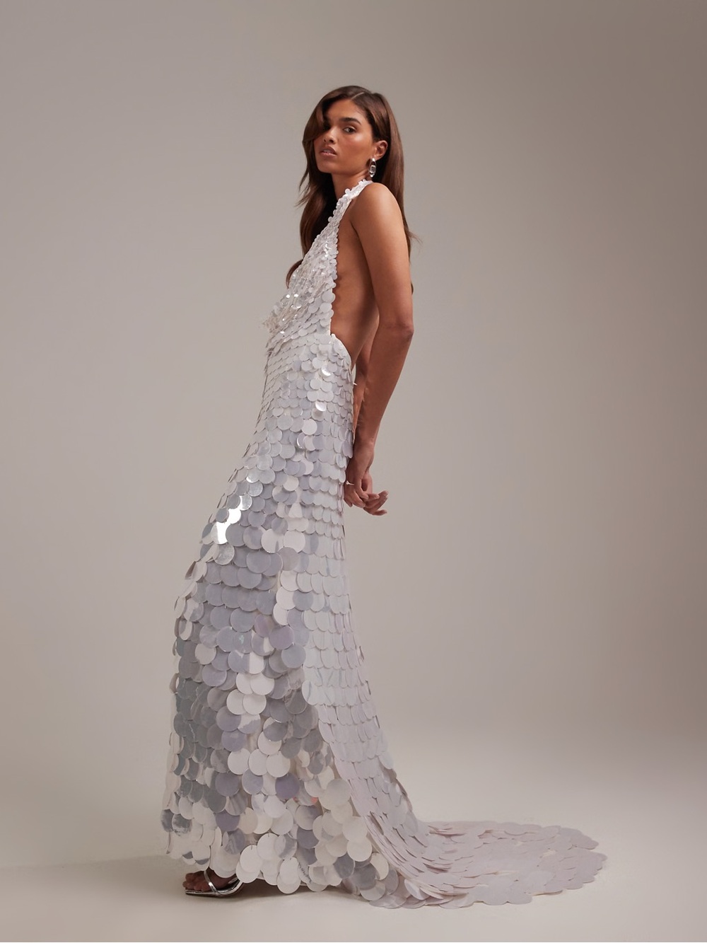 ASOS Silver Sequin Backless Halter Gown
